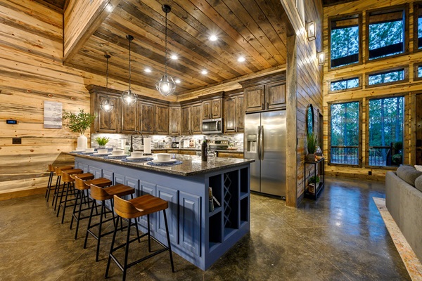 Stunning log cabin kitchen with modern touches and serene woodland views