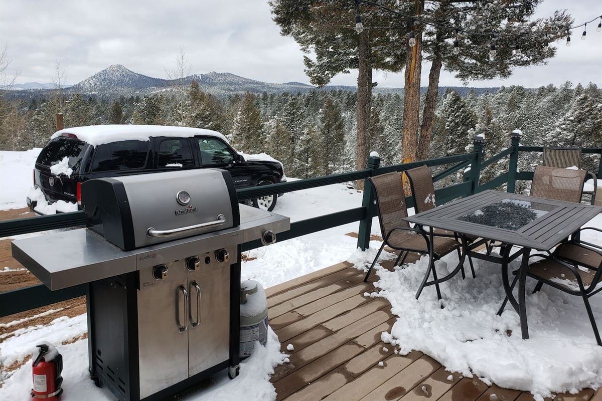 A propane grill with a view and a table setting for 6