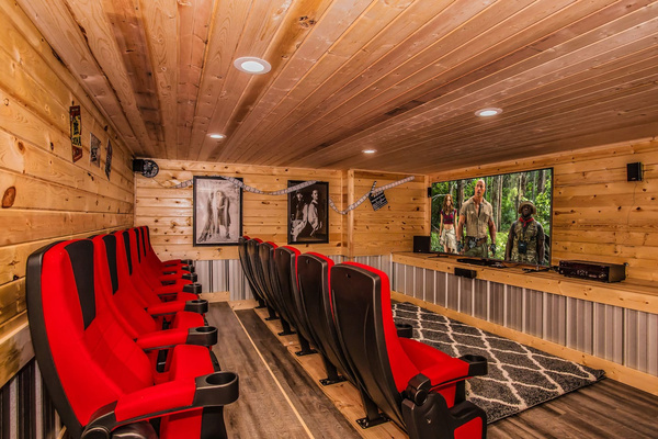 Private movie theater with red cinema seats for the whole crew, Splashing at the Bluff