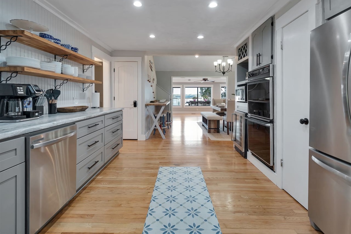 Gas range and oven, double electric oven, microwave, wine storage, icemaker