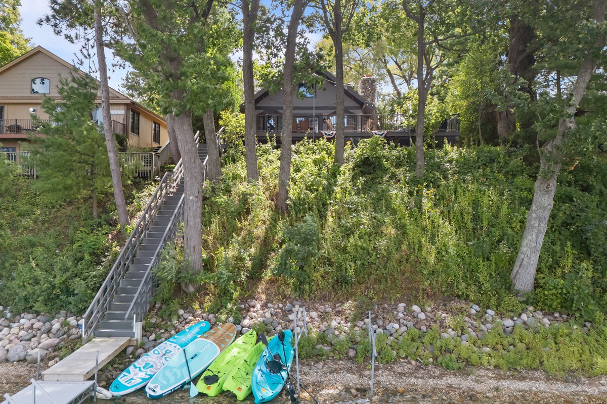 Steps lead you right down to the lake, making it easy to slip in for a swim or launch your next adventure.
