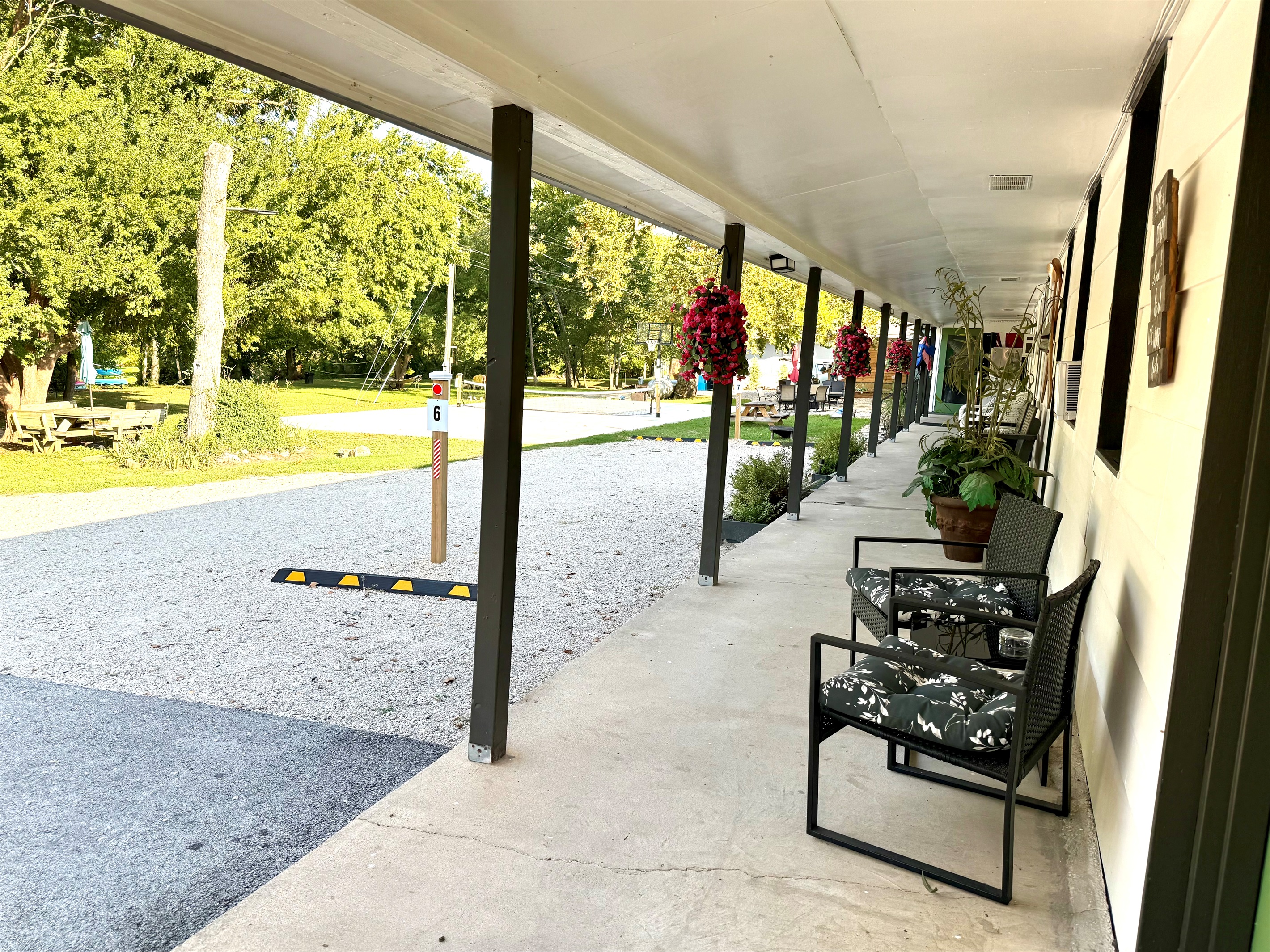 Your room is on the back of the building with parking in front of your door.