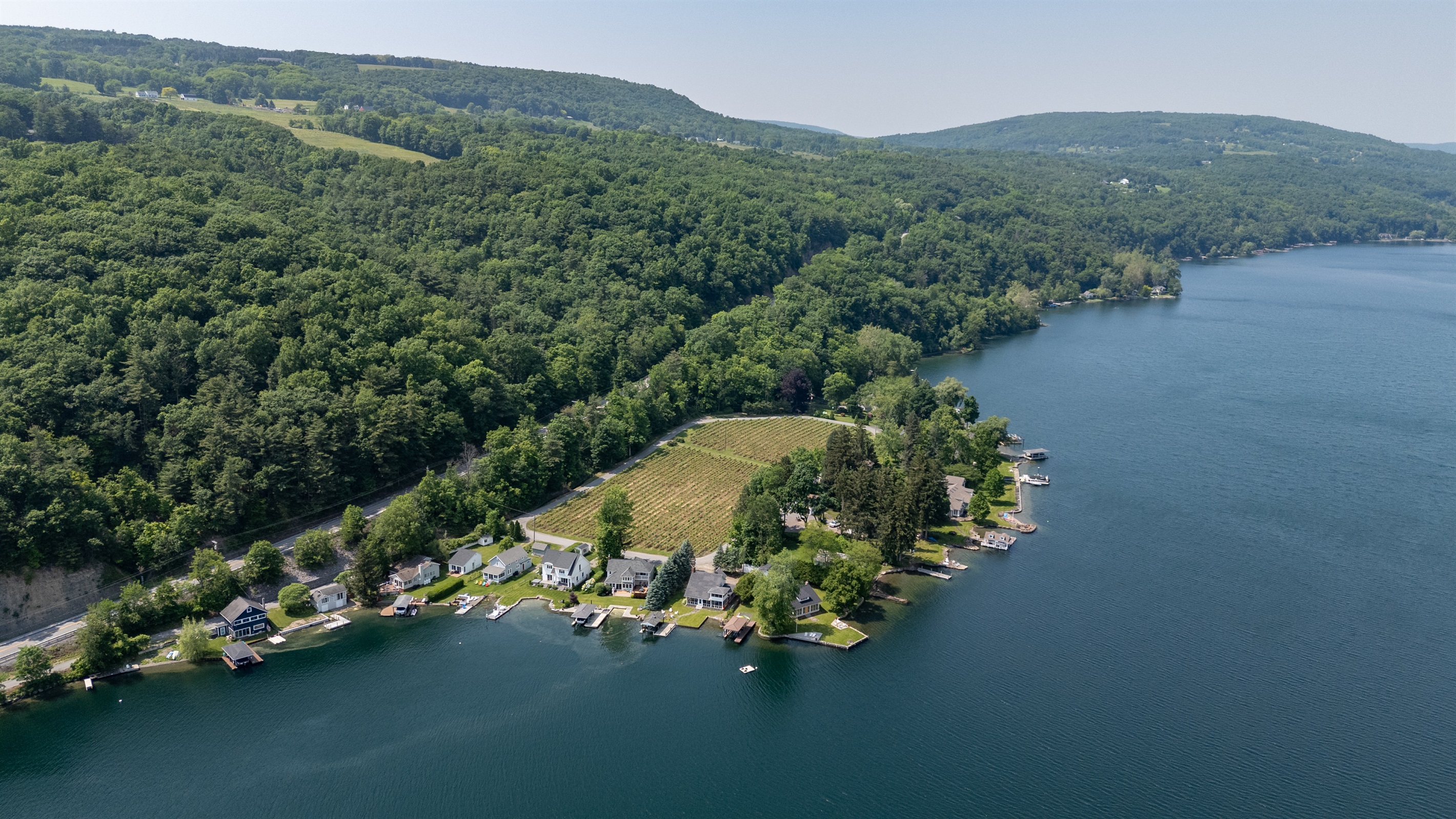 A stunning aerial view of lakeside living meets vineyard charm—private docks, waterfront homes, and lush grape rows create the perfect Finger Lakes retreat.