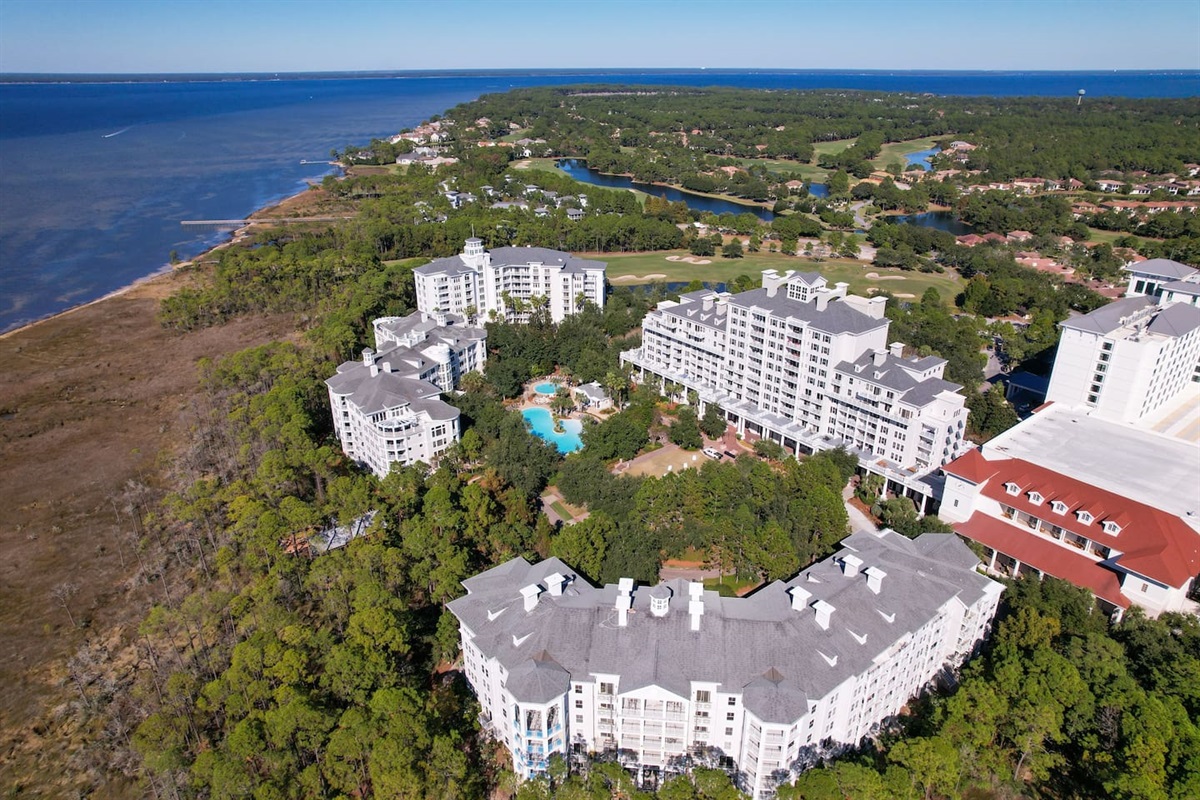 Ariel view of The Grand from the bayside of the SanDestin golf & Beach Resort.