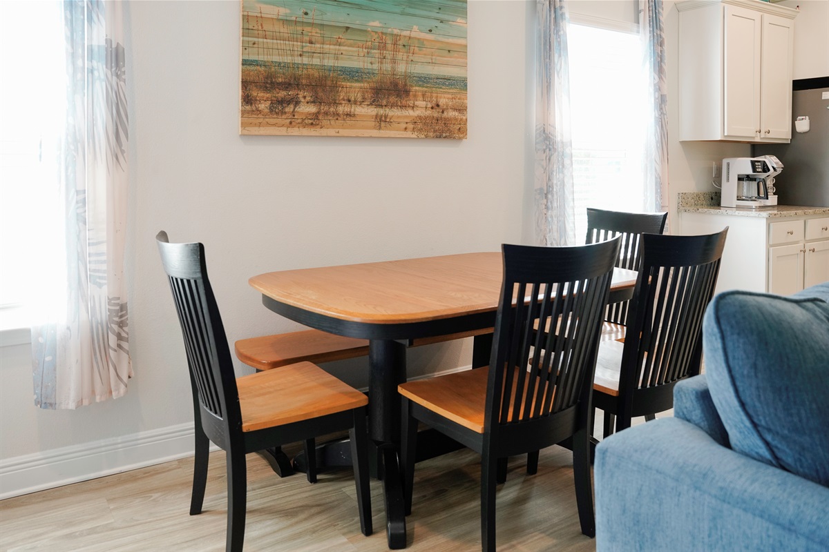 Coastal Dining Space for 6 with Natural Light open to kitchen and living room
