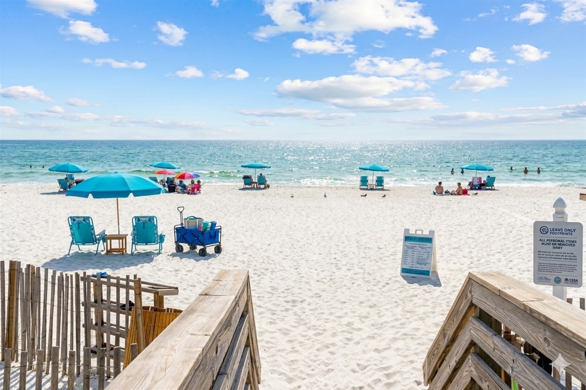 You're only steps away to the powder sand beach! Throw our chairs in the beach cart and stroll on over. During season, Gulf Shores Surf & Racquet offers chair and umbrella service too! It's never too crowded. 