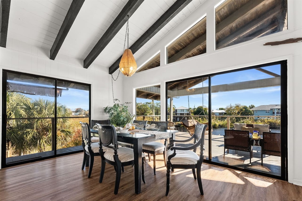 Enjoy stunning views of the lake from the dining area.