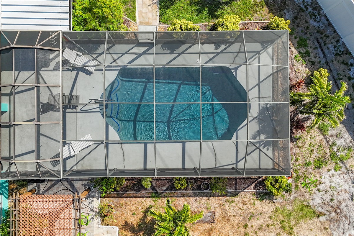 Escape to your own tropical haven with a screened-in pool, a cozy fire pit, and a private fenced backyard - perfect for relaxing. 
