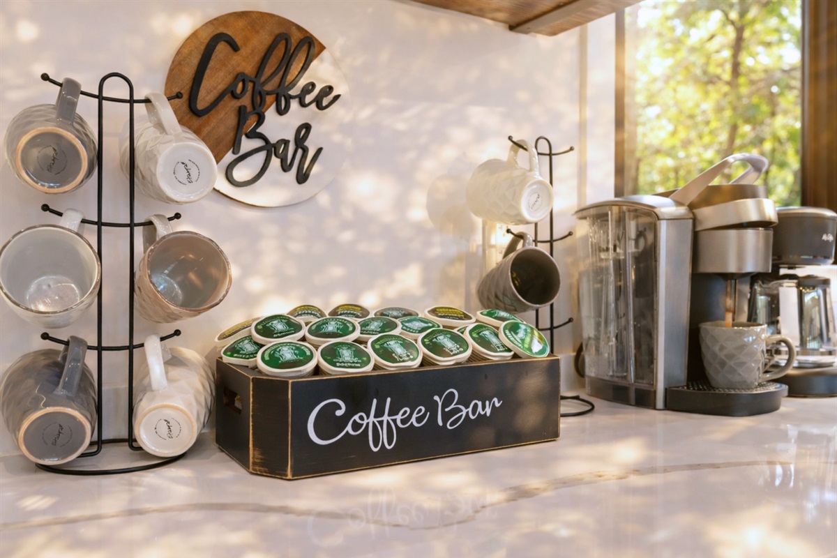 The coffee bar is a charming addition, stocked with everything you need to start your day off right.