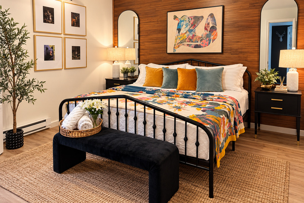 Bedroom 1 - Includes a king-size bed, Smart TV, and a cozy seating area. Conveniently located next to the bathroom with entry from the first-floor living room.