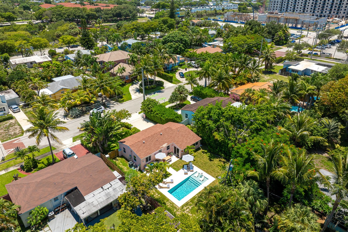 Aerial views of this SoSo West Palm Beach gem, nestled in a safe, family-friendly neighborhood just minutes from top beaches, dining, and amenities.