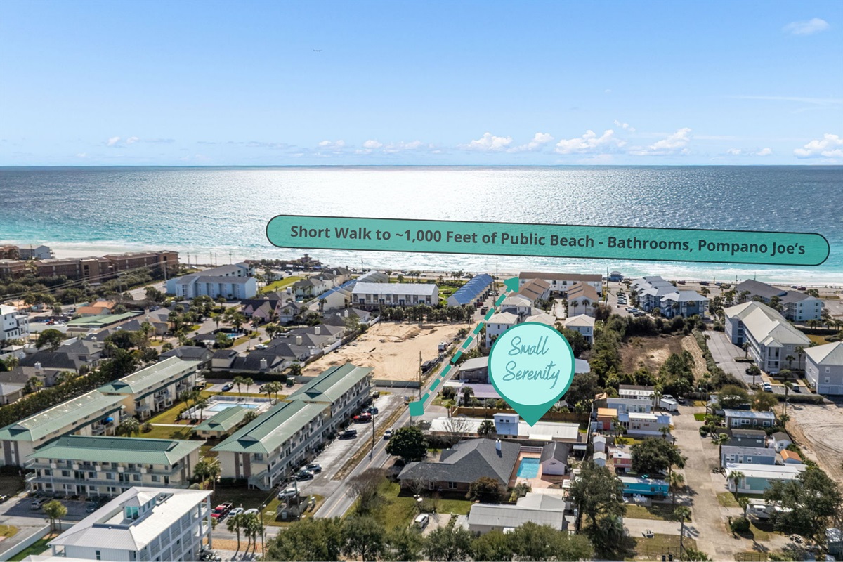 Small Serenity is right up the road (4 minute walk) from one of the area's largest public beach access locations with tons of parking, restrooms + grab food, drinks at Pompano Joe's