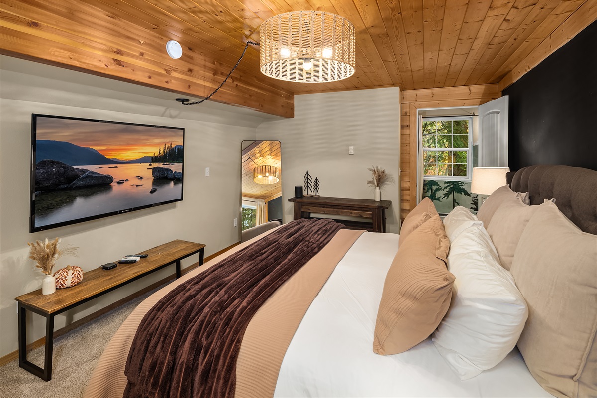 Bedroom #1: upstairs, king bed and portable AC unit