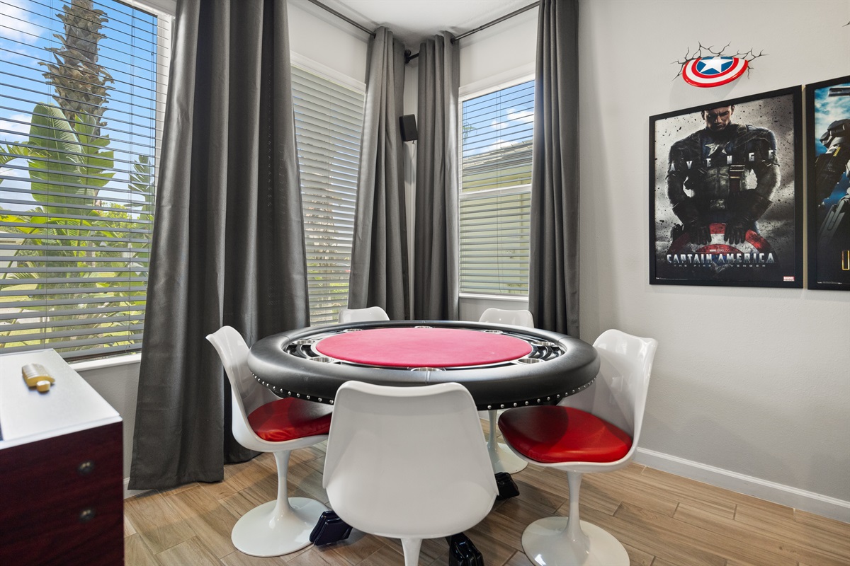 The poker table has 5 seats