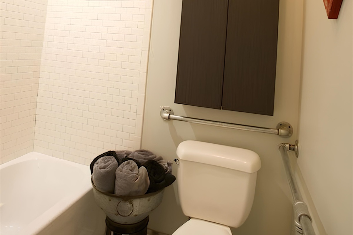 Soak in the Skorda bathtub / toilet features grab bars