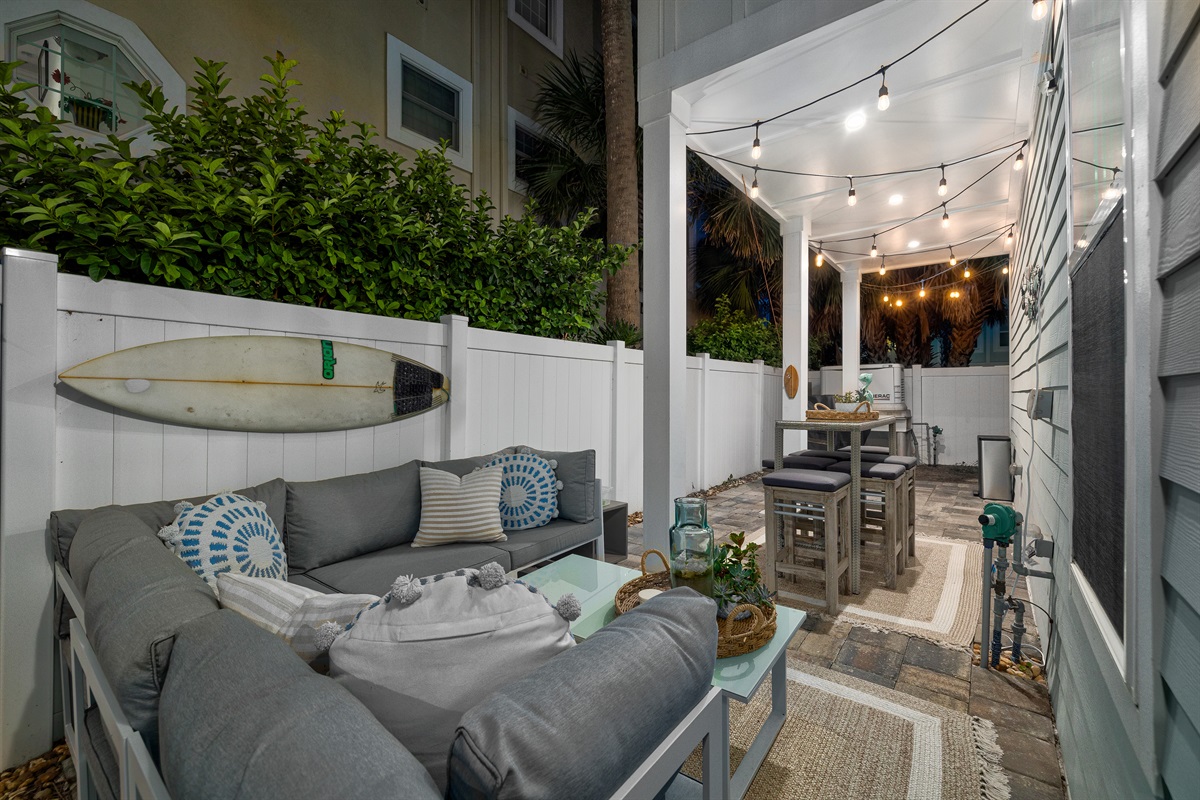 Intimate patio with night lighting