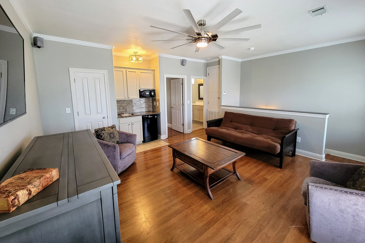 3rd Floor Game Room, Balcony, Kitchenette, bar, Murphy bed, and Smart tv