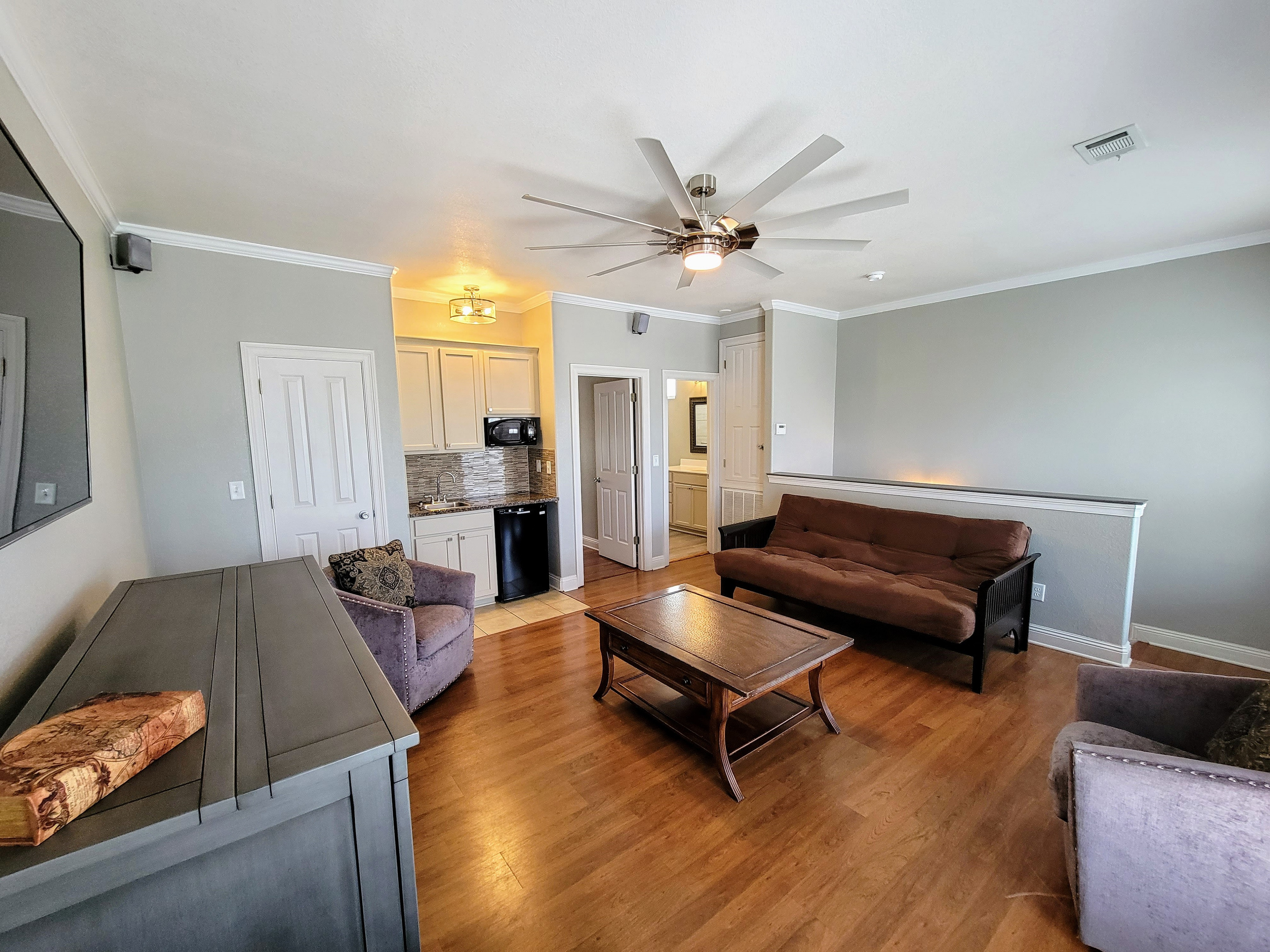 3rd Floor Game Room, Balcony, Kitchenette, bar, Murphy bed, and Smart tv