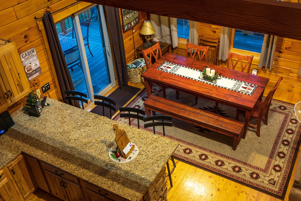 Up in the loft, looking down at dining area