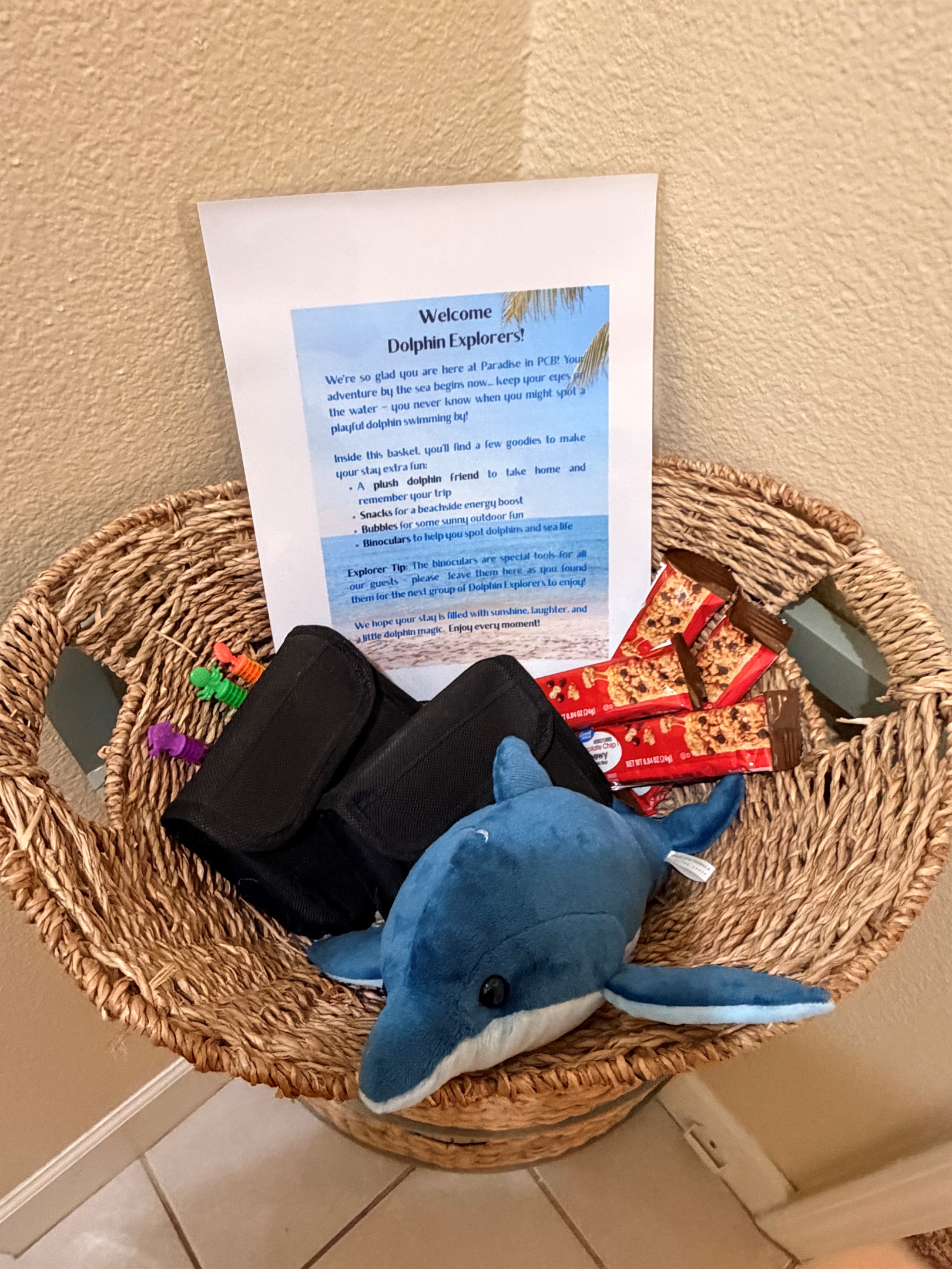 Gift basket for dolphin explorers including a plush dolphin for you to take home and remember your vacation