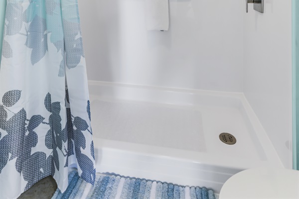 Step-in shower with grab bars and non slip mat. Grab bar next to toilet. Hooks for your towels. 