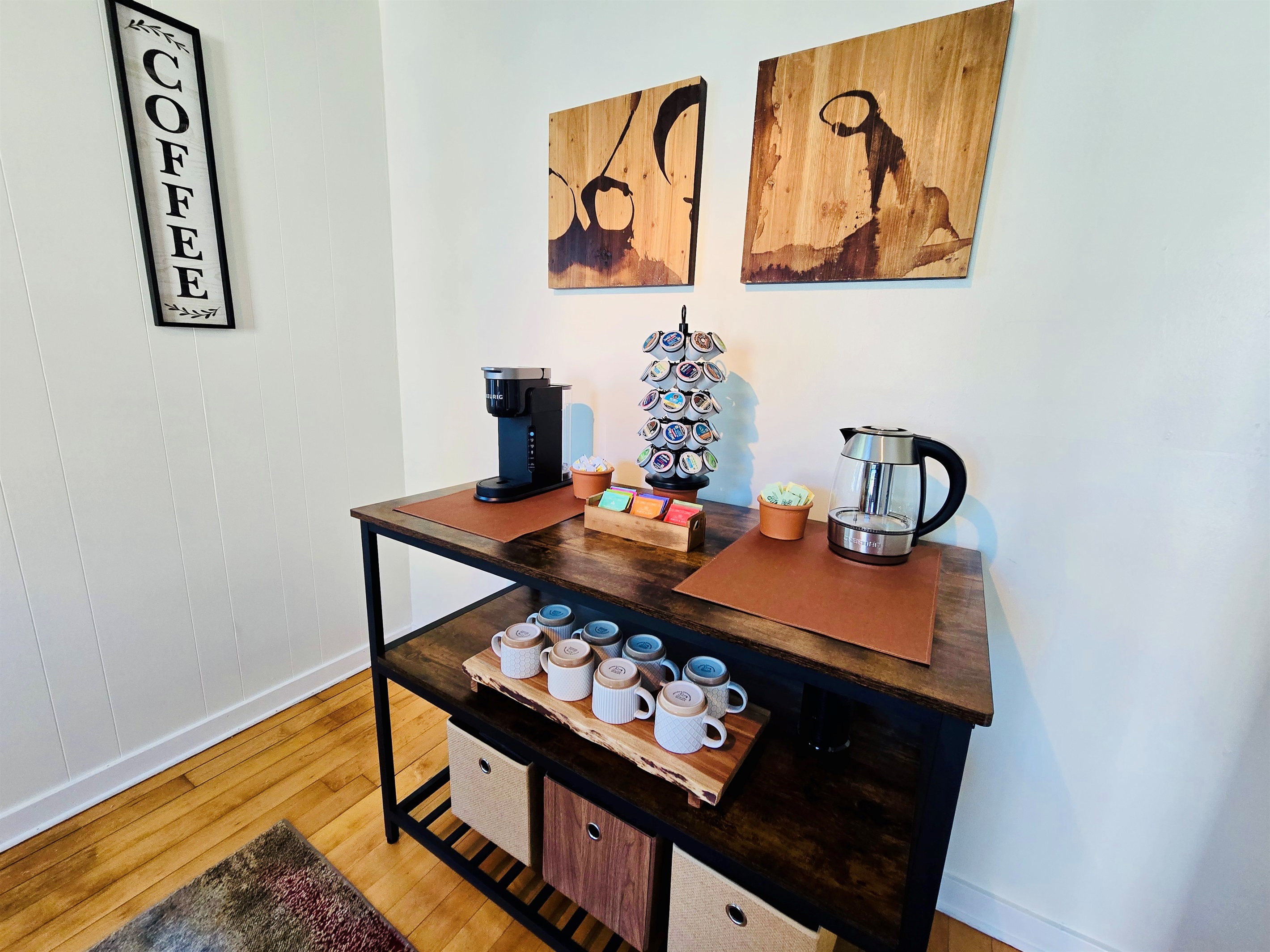 Sip your way through the day—hot or cold brews from our Keurig K-Café, a kettle for tea lovers, and a lineup of cozy favorites from cider to cocoa, all in a sunny nook with hardwood charm.