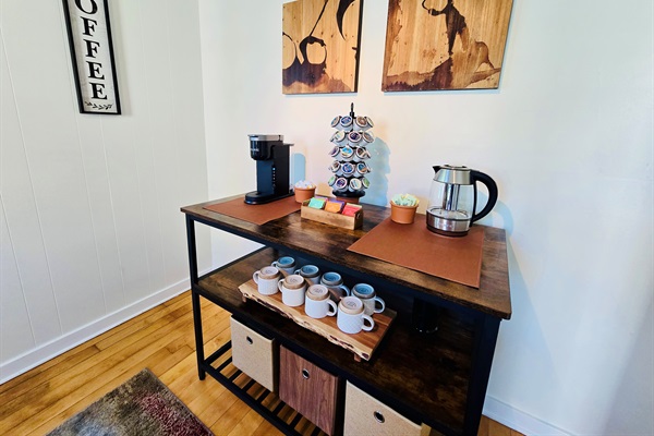 Sip your way through the day—hot or cold brews from our Keurig K-Café, a kettle for tea lovers, and a lineup of cozy favorites from cider to cocoa, all in a sunny nook with hardwood charm.