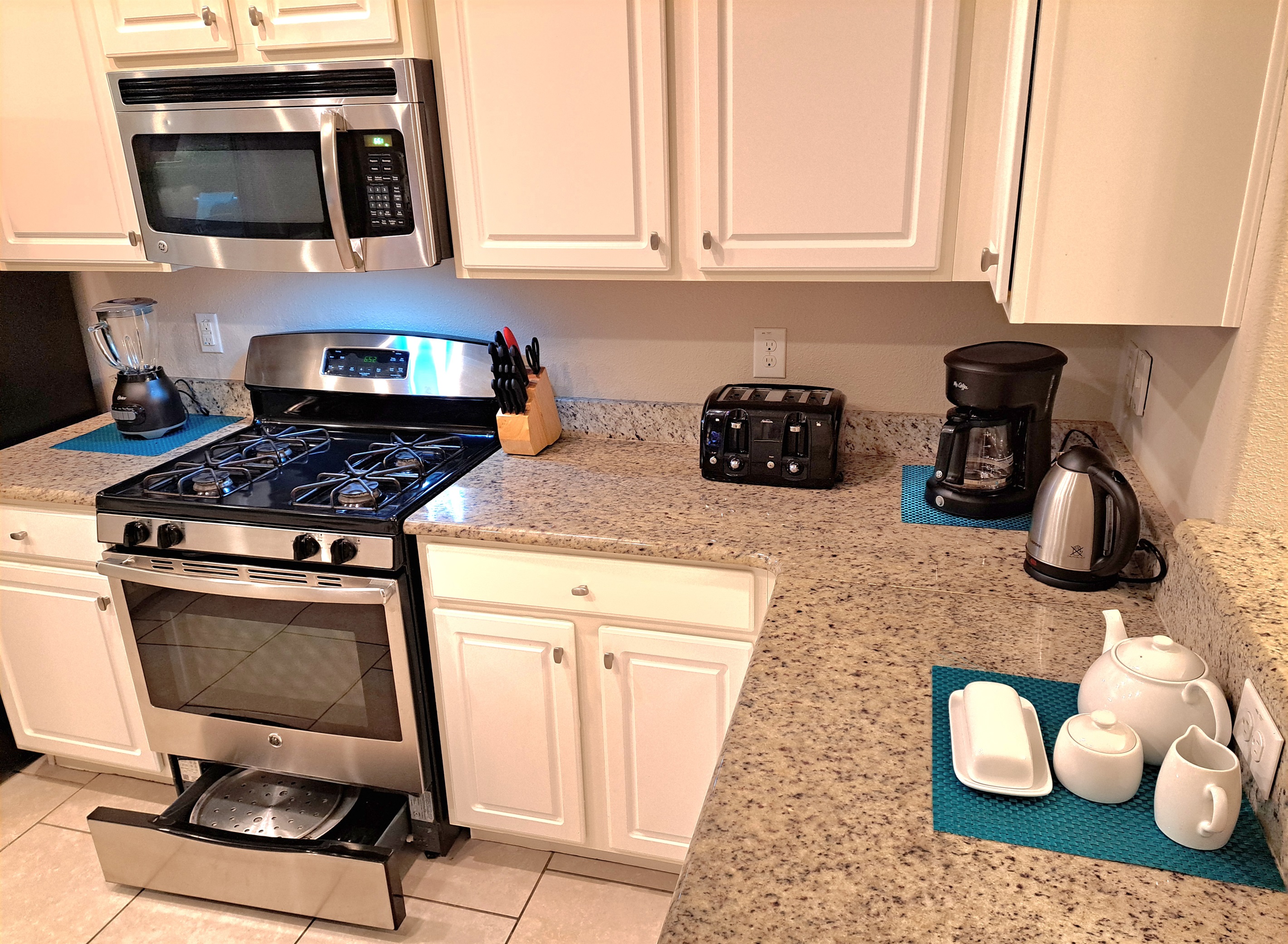 Blender, microwave, sharp knives, toaster, coffee maker, kettle, pizza pan
