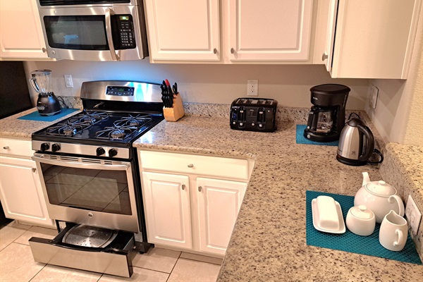 Blender, microwave, sharp knives, toaster, coffee maker, kettle, pizza pan