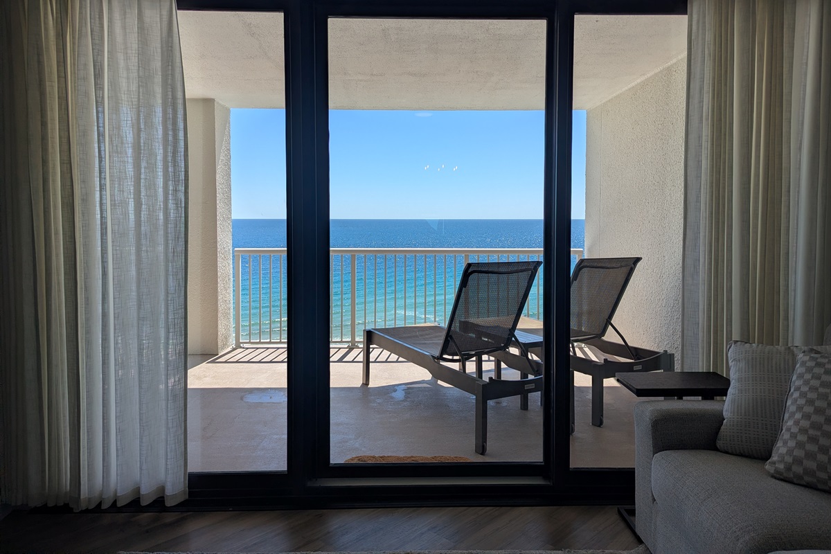 Great views!  This is from the Living Room.  Please note the brand new sliding glass doors!