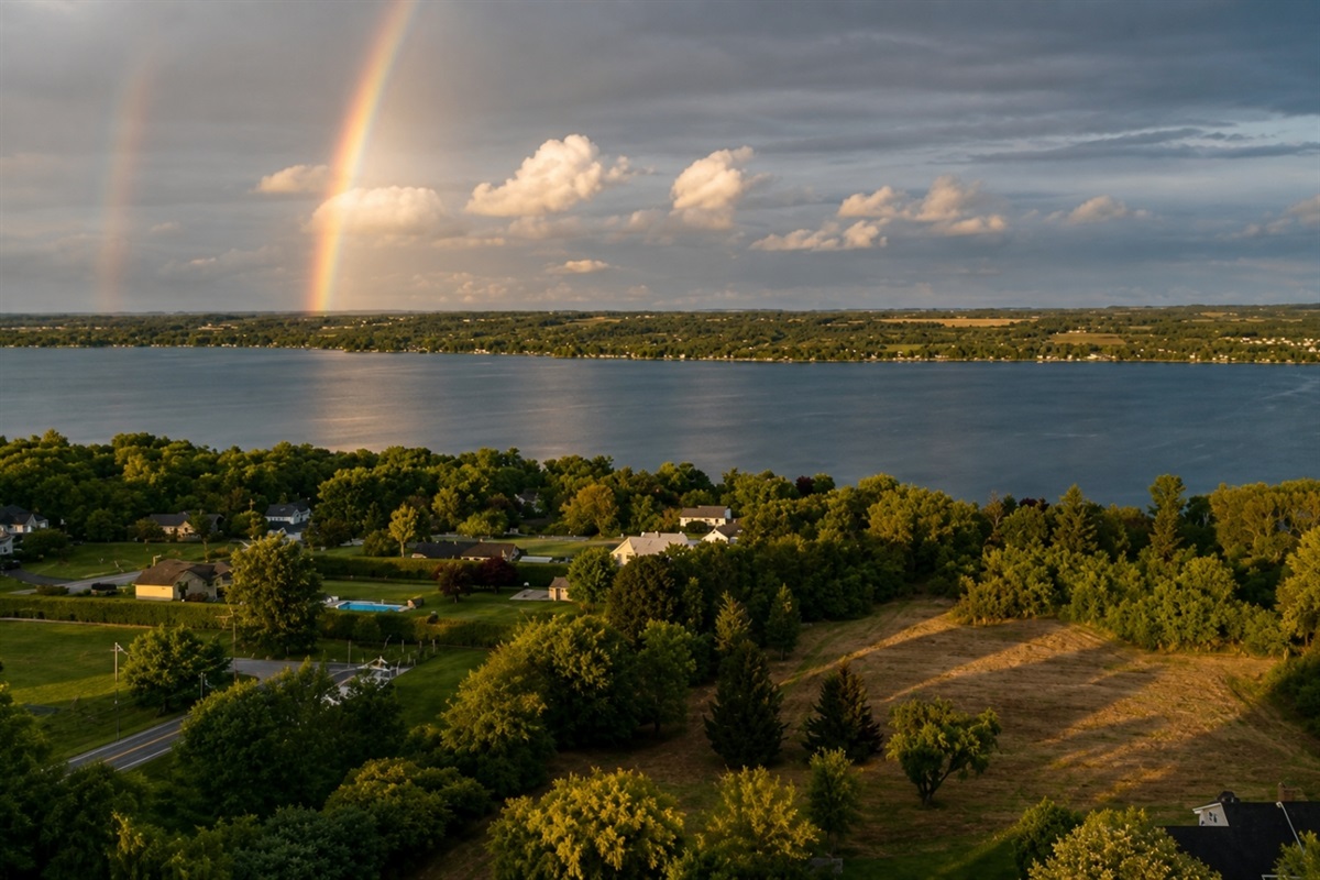 Breathtaking view of Canandaigua Lake with a vibrant rainbow stretching across the sky—nature’s beauty at its finest. Perfect for capturing the peaceful charm of the area.