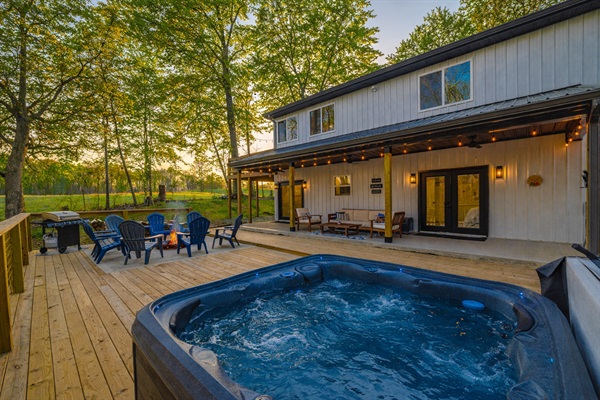 Start your mornings soaking in the private hot tub as the sun rises over the trees.  When evening comes, gather around the fire pit or enjoy a starlit soak in the hot tub for unforgettable moments.