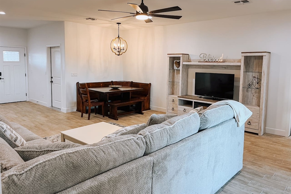 View into living area from back sliding door