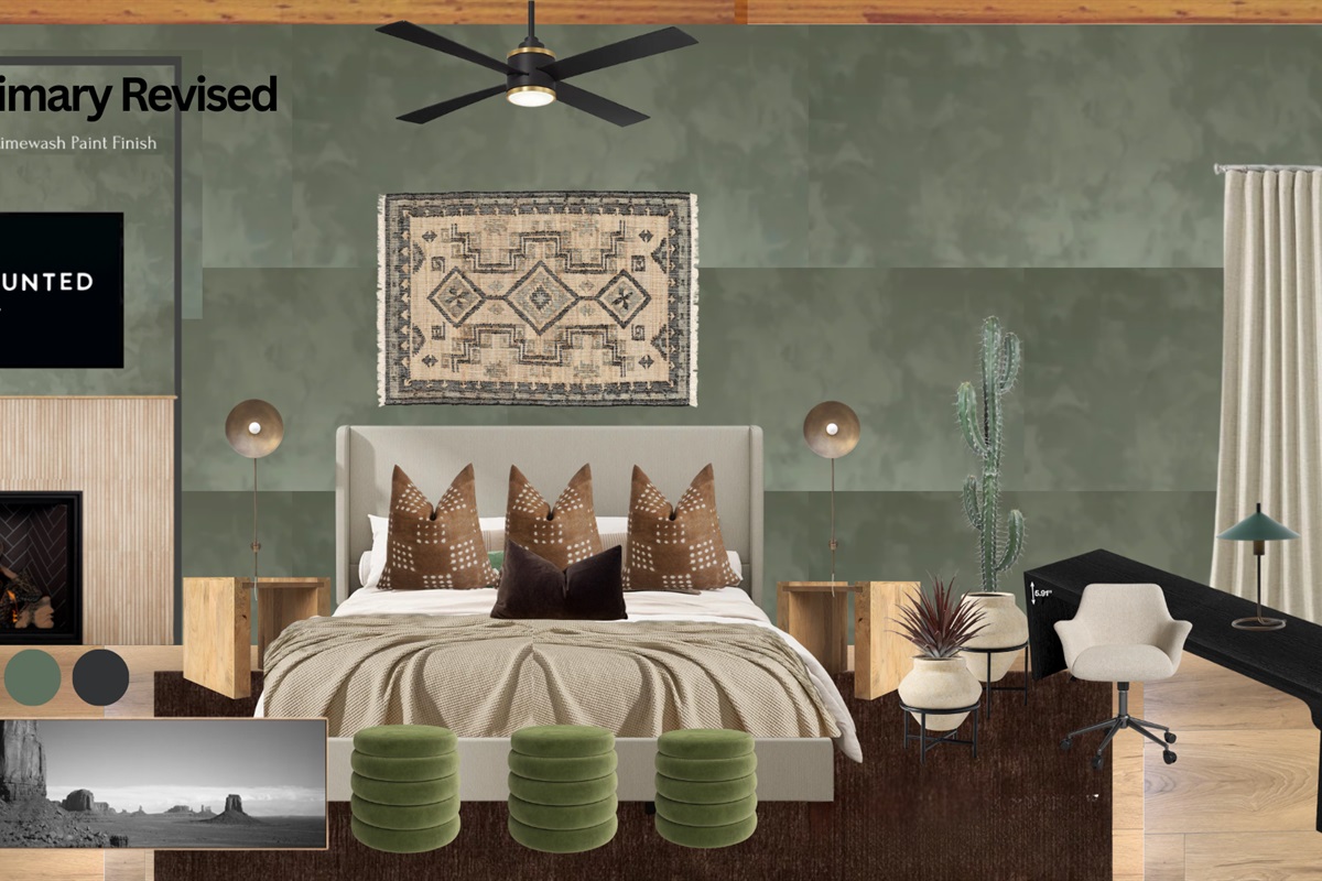 Luxurious primary King suite with vaulted ceilings fireplace, TV, dramatic red rock views, a reading table and chair, and Southwest-inspired décor.