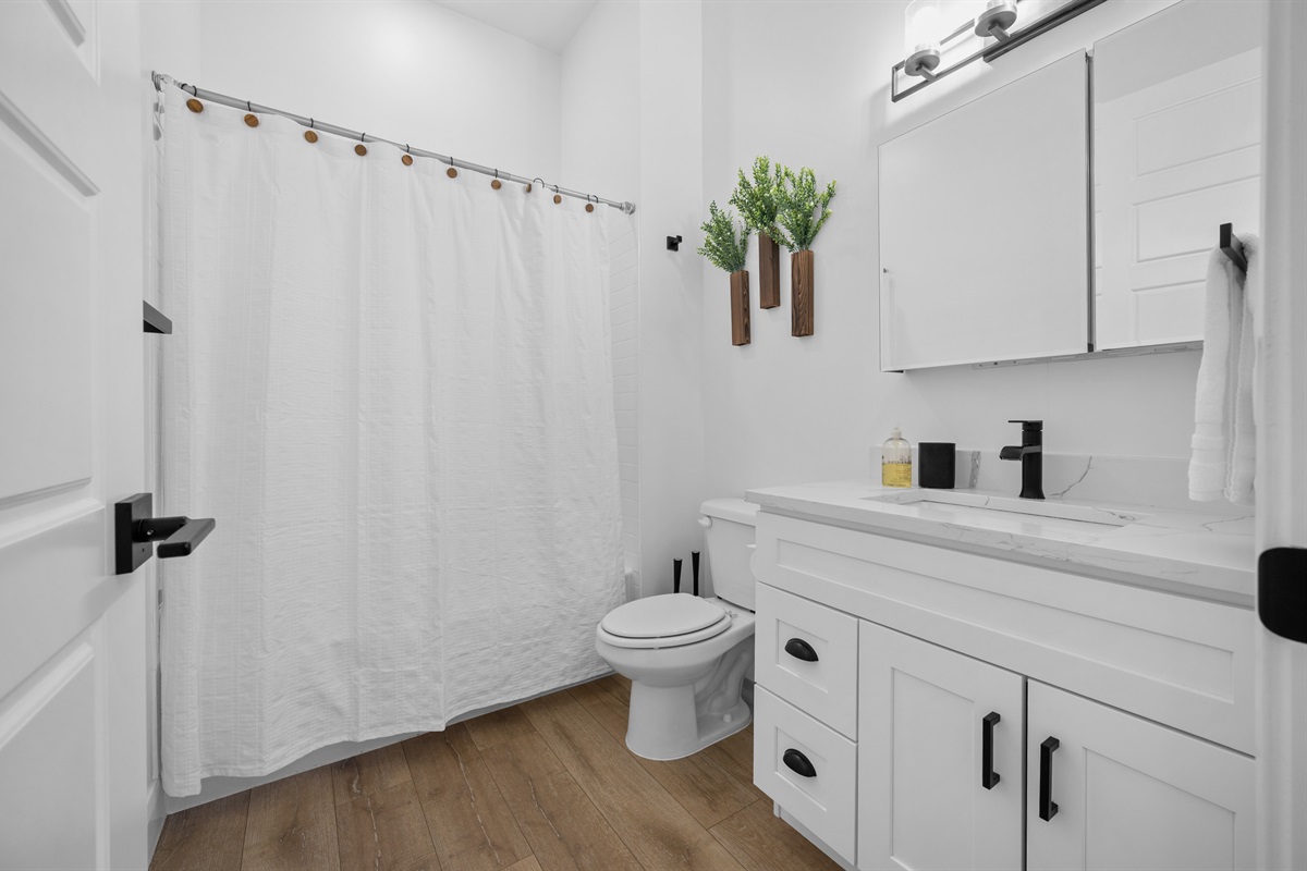 Primary bathroom with full tub-shower combination, vanity, and modern fixtures.ry Bath