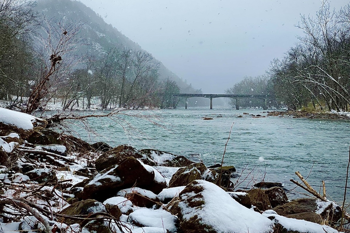 The French Broad River near the town of Hot Springs with Lovers Leap in the back