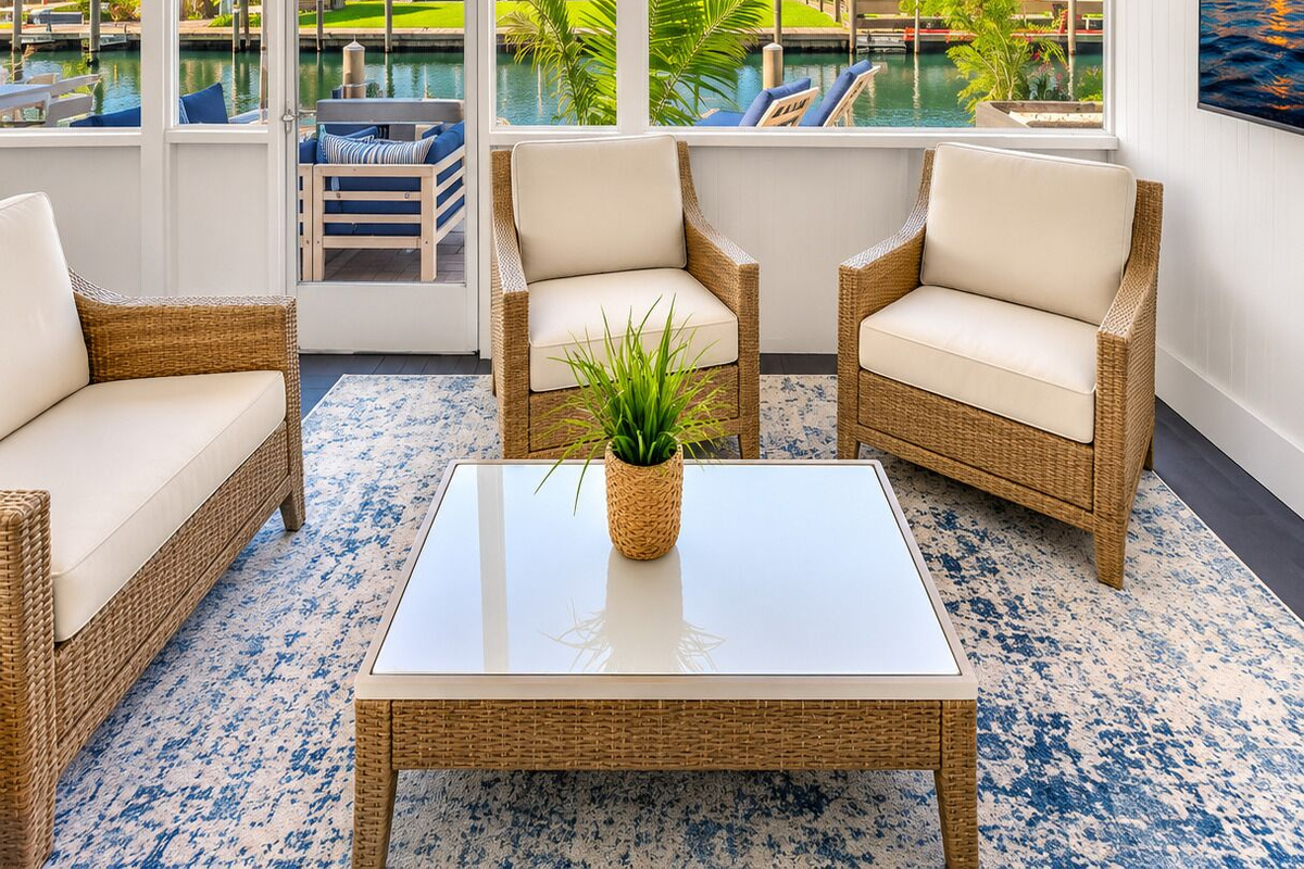 Screened waterfront patio with comfortable seating and peaceful canal views.