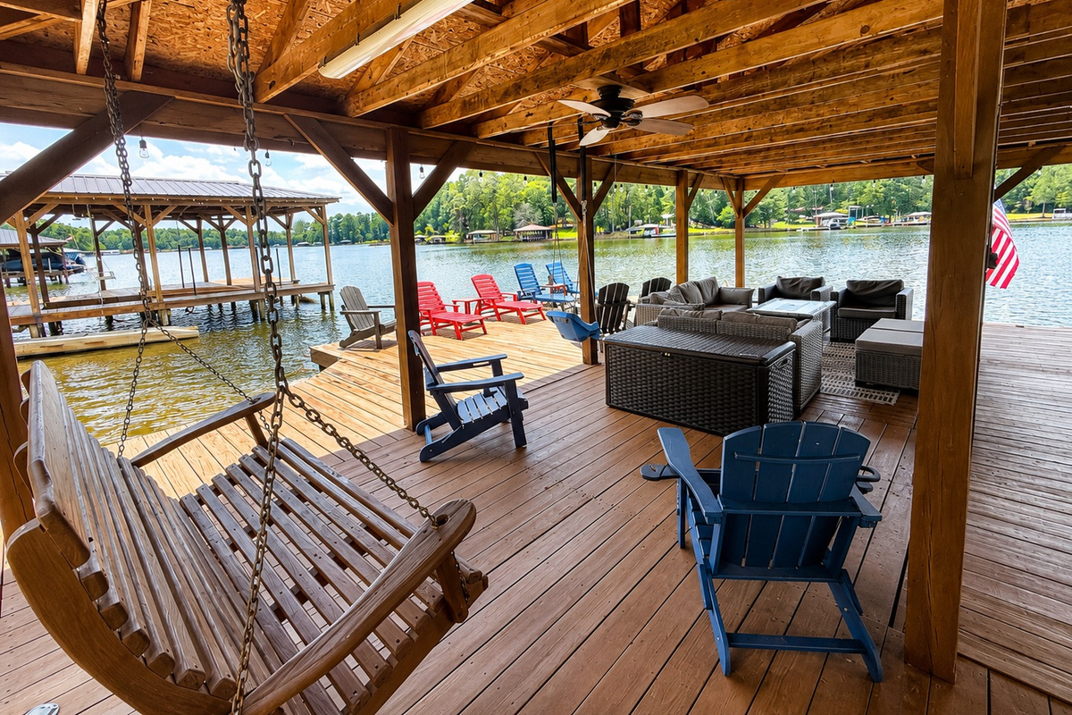 Serene boathouse overlooking the tranquil lake