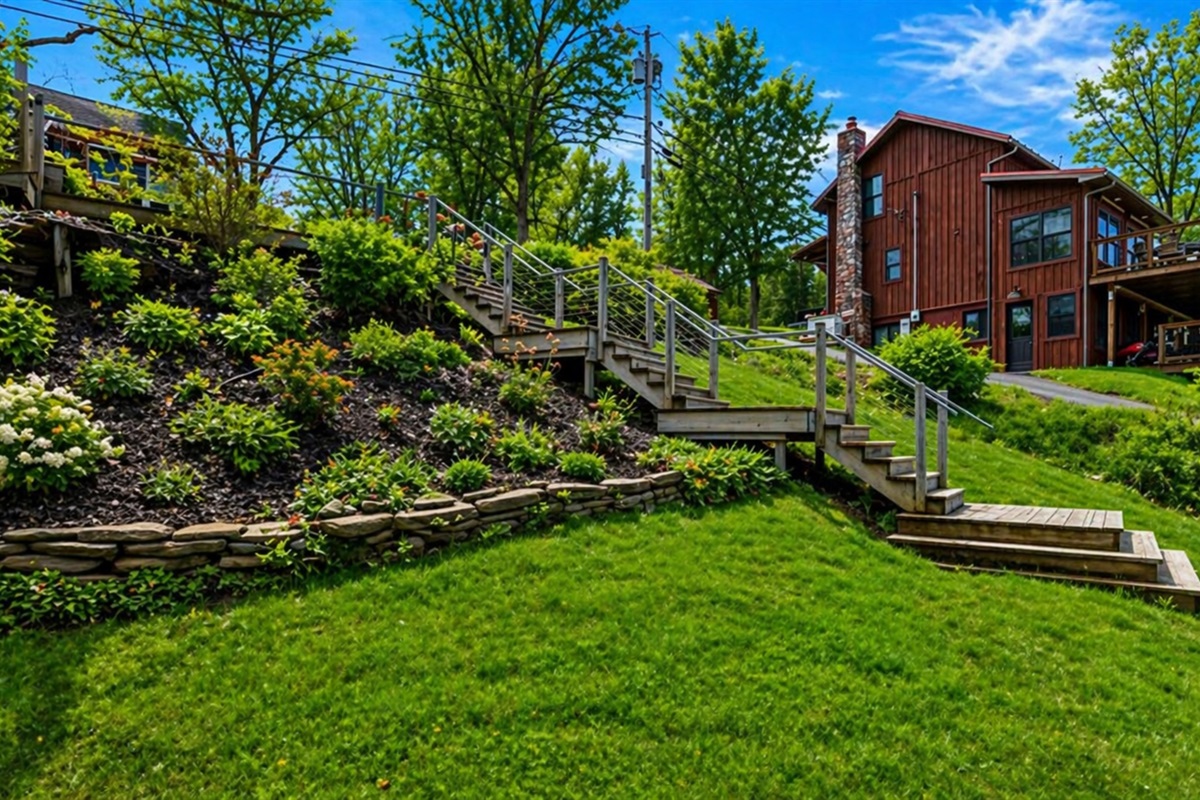 Stairs to the lake and seasonal bunk house