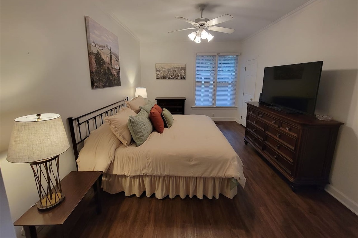 Master bedroom, king bed, tv, ensuite and walk in closet