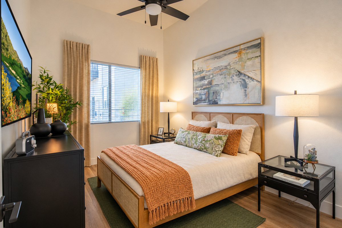 “Thoughtfully decorated bedroom designed for deep relaxation.”