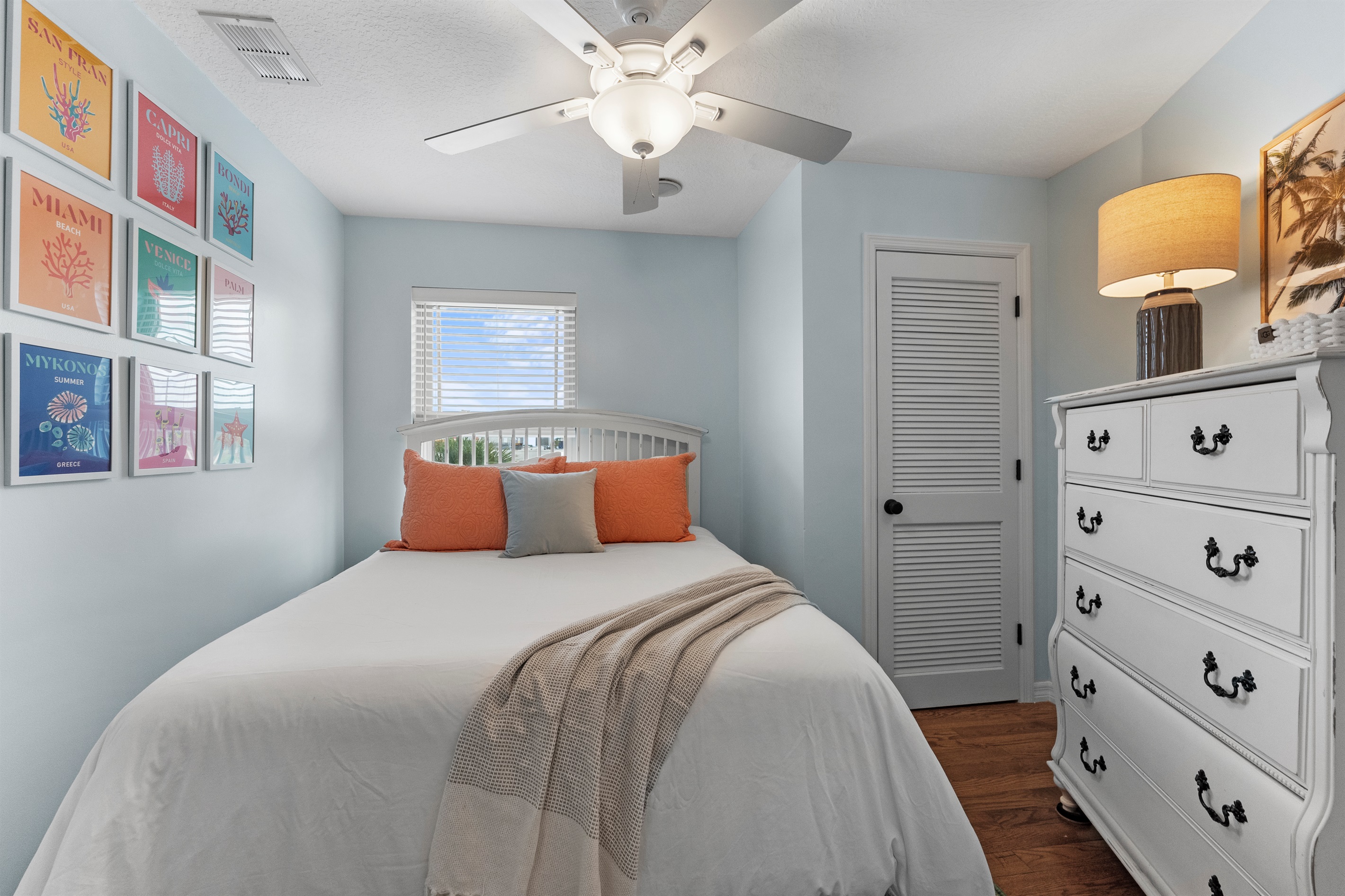 Upstairs Bedroom #2 with queen bed, dresser and closet