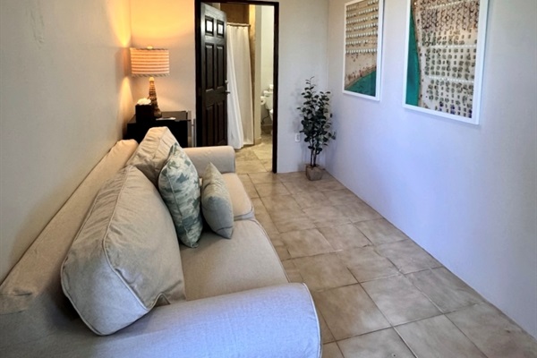 Suite Five seating area with path to bath with standing shower