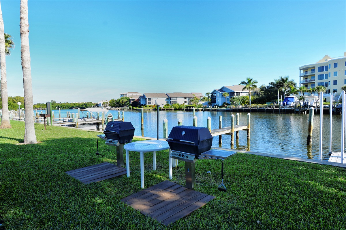 Grills for guest use and a great place to fish