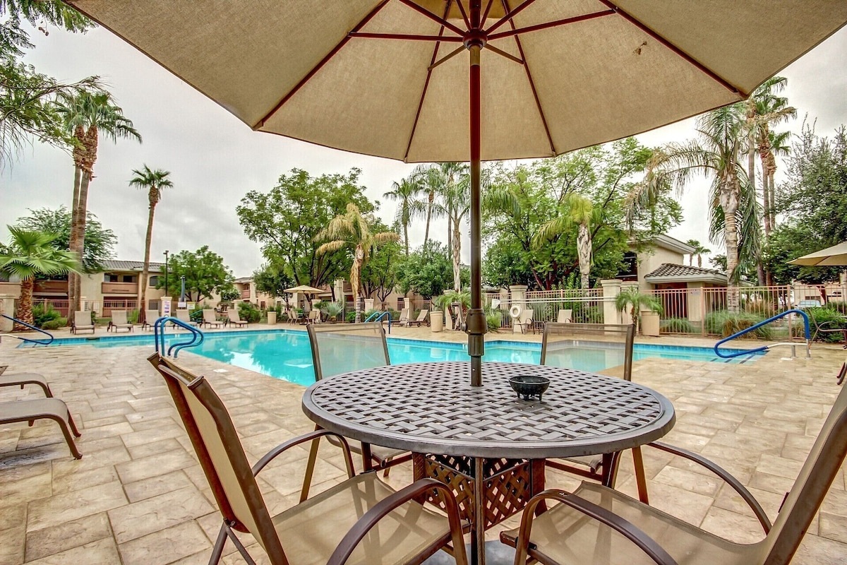 Plenty of tables and loungers at the heated pool!