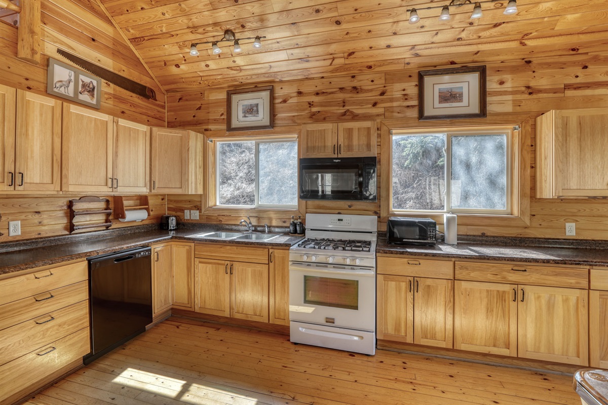 Kitchen with oven, stove and microwave