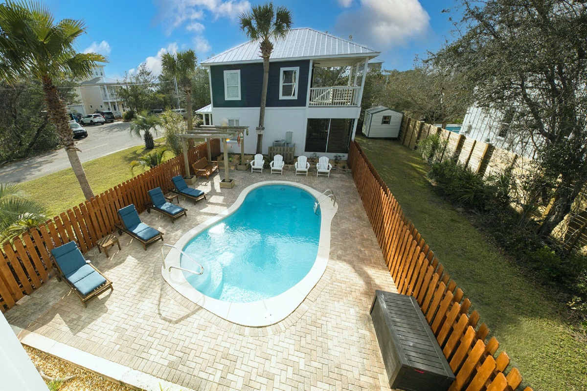 Main house from terrace overlooking pool and guest casita