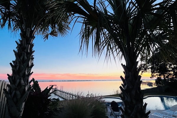 Palm trees frame the view.