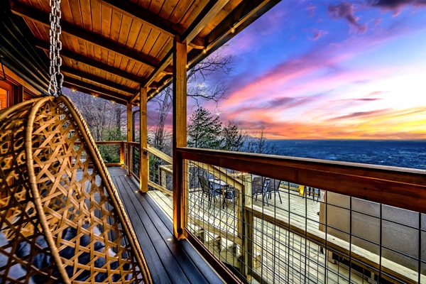 Relax and rock gently in the egg chair, perched on the deck overlooking stunning mountain views to the best front-row seats to Smoky Mountain sunsets.