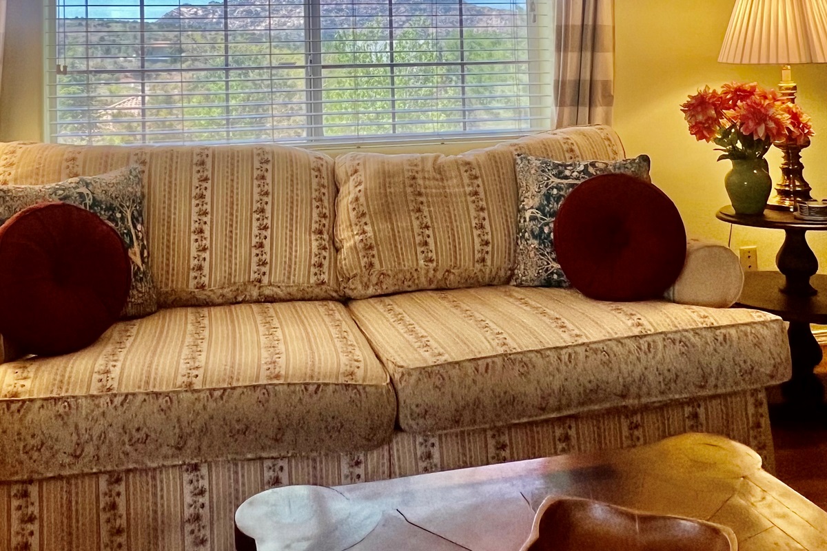Sit back, relax and enjoy the views of Granite Mountain from the comfort of your living room